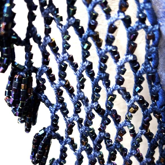 Beaded Royal Blue Sheer Triangle Shawl Scarf 37” x 37” x 61” - Picture 6 of 13